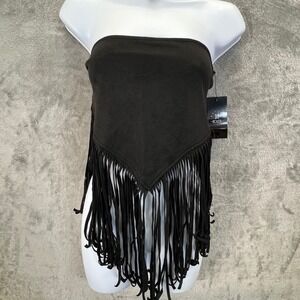Relish Noless Black Faux Suede Fringe Tube Top Handkerchief Hem Festival Cowgirl